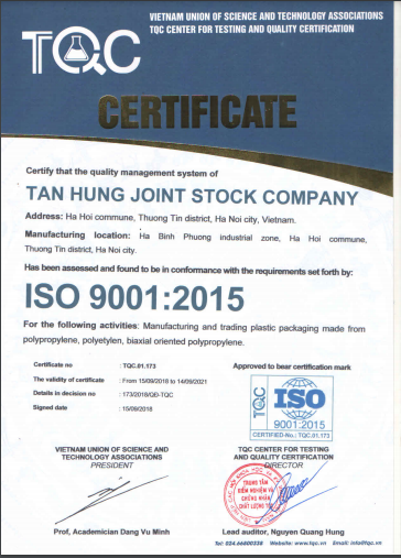 ISO 9001:2015 - Bao PP Dệt Tân Hưng - Công Ty Cổ Phần Tân Hưng